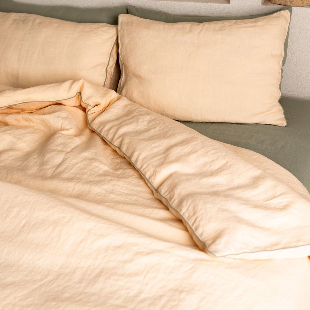 Brazilian Sand Linen Duvet Cover Set with Sage Piping