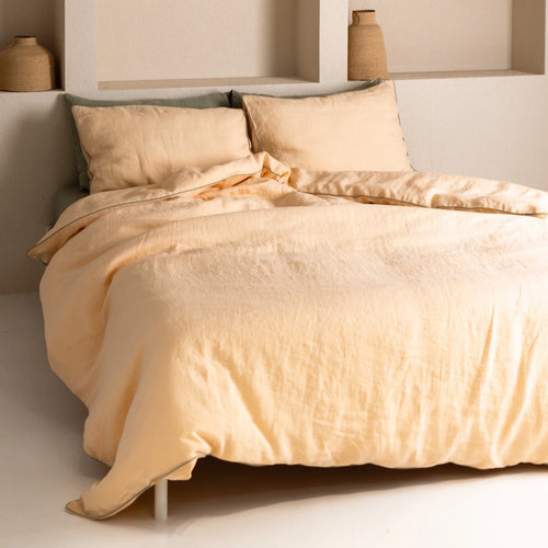 Brazilian Sand Linen Duvet Cover Set with Sage Piping