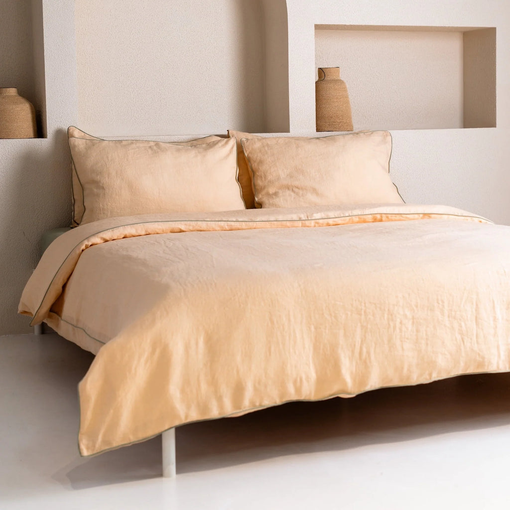 Brazilian Sand Linen Duvet Cover Set with Sage Piping