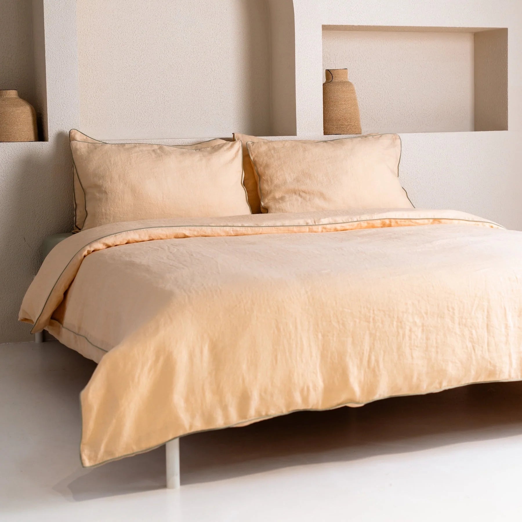 Brazilian Sand Linen Duvet Cover Set with Sage Piping