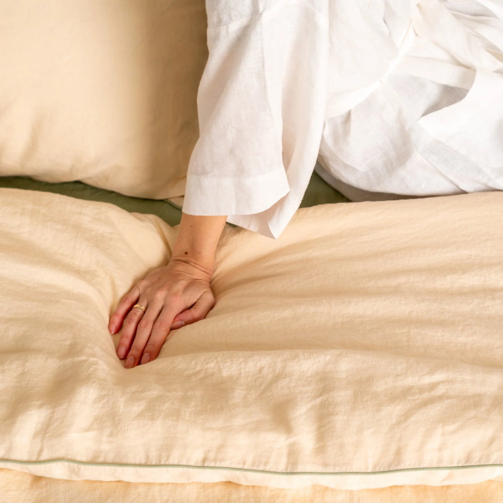 Brazilian Sand Linen Duvet Cover Set with Sage Piping