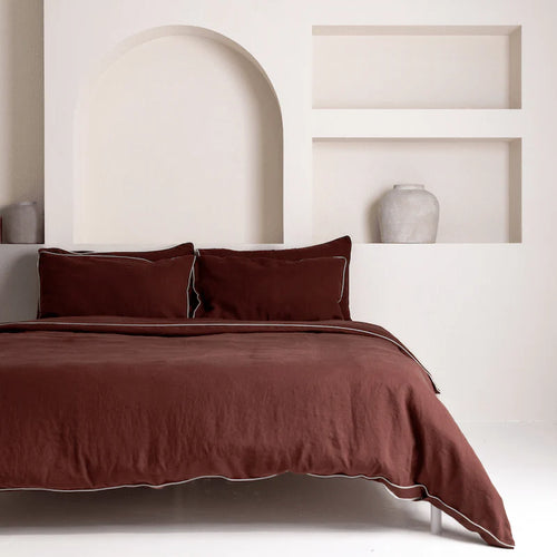 Chocolate Linen Duvet Cover Set with White Piping