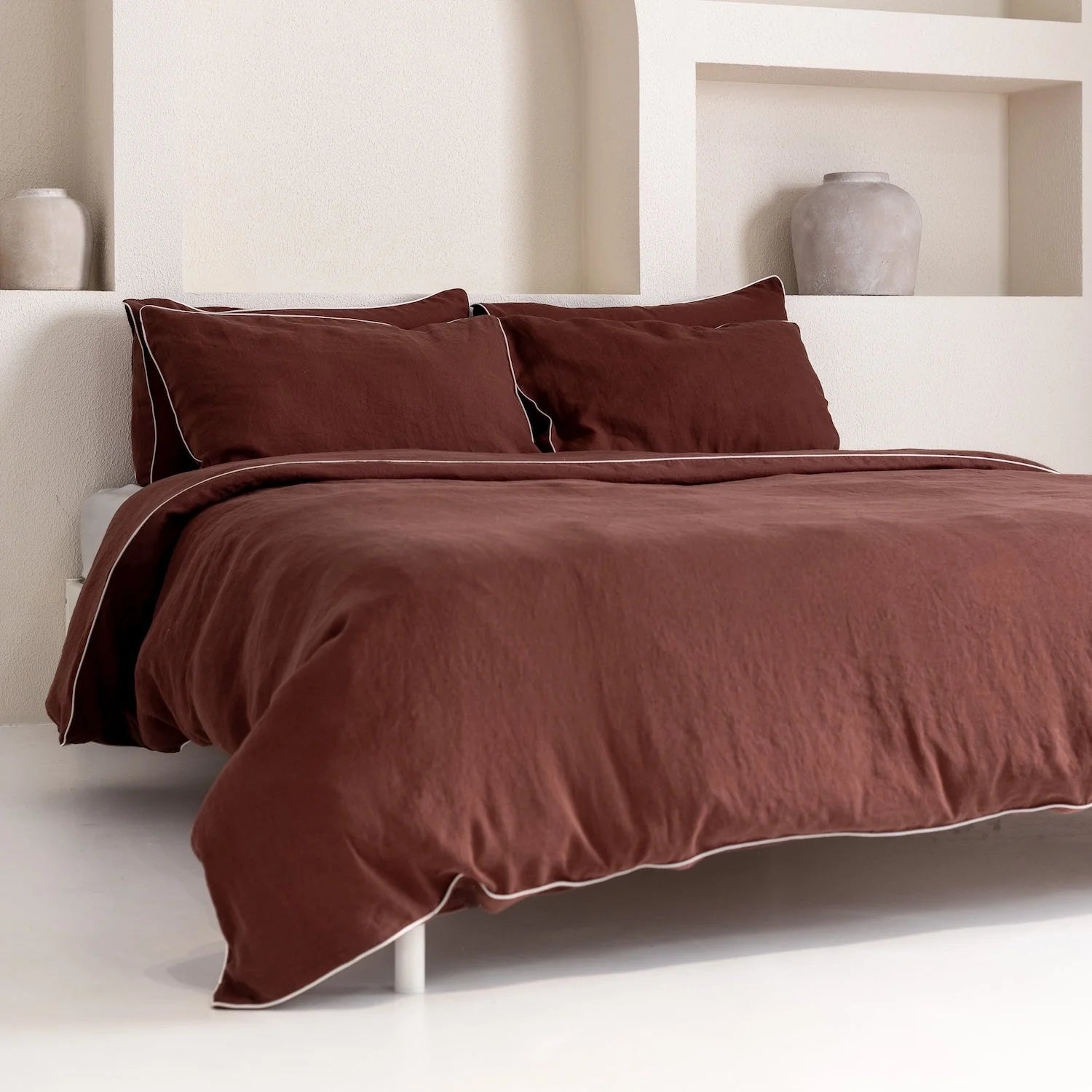 Chocolate Linen Duvet Cover Set with White Piping