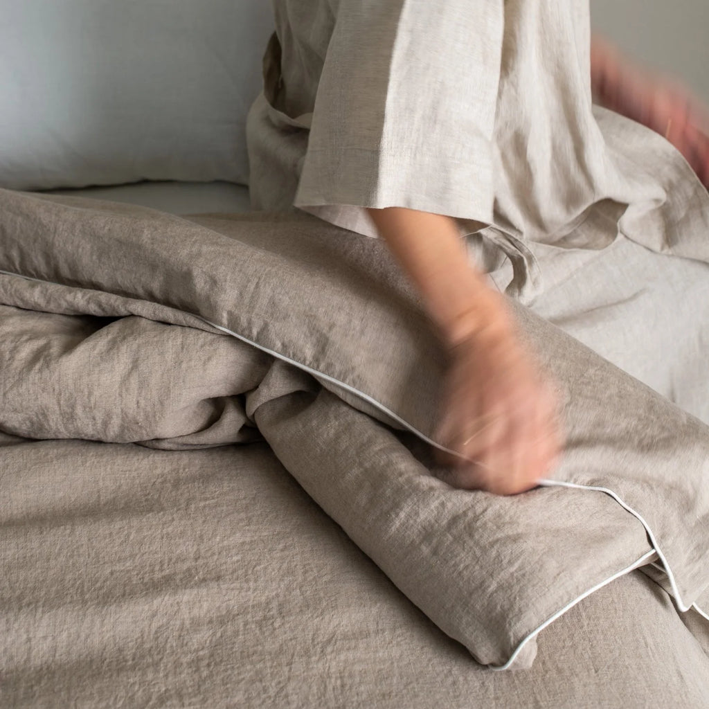 Natural Linen Duvet Cover Set with White Piping