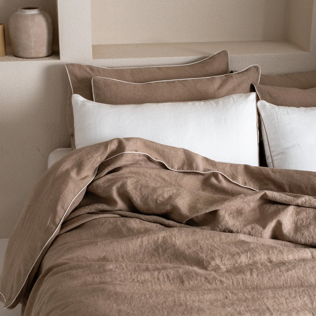 Natural Linen Duvet Cover Set with White Piping