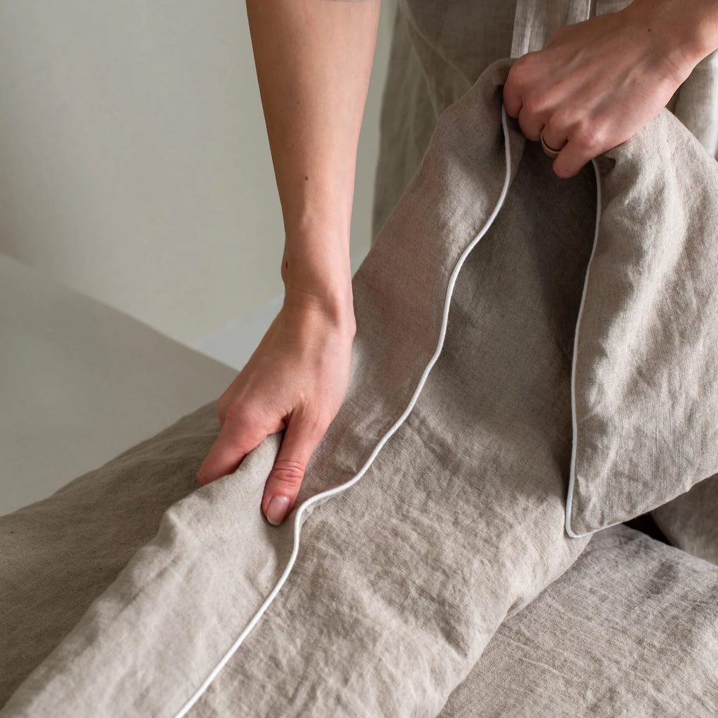Natural Linen Duvet Cover Set with White Piping