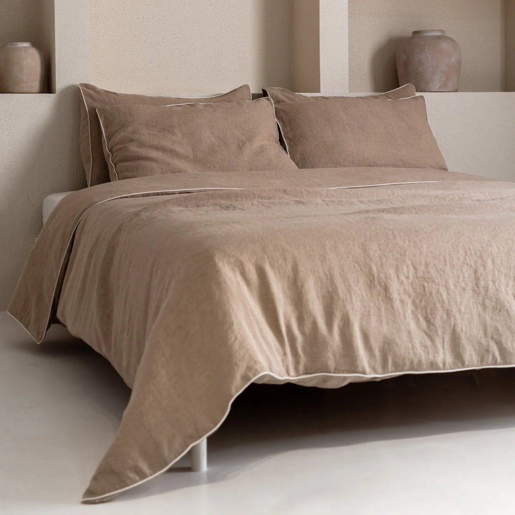 Natural Linen Duvet Cover Set with White Piping